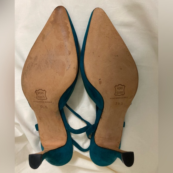 MANOLO BLAHNIK EUC Leather & Silk Slingbacks 6.5 Turquoise - Picture 5 of 6